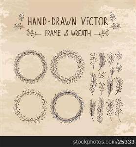 Hand drawn wreath and frame. Vector illustration