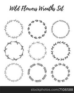Hand drawn wreath set of vector design. Leaves and flowers garlands. Wild floral design elements.