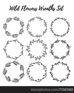 Hand drawn wreath set of vector design. Leaves and flowers garlands. Wild floral design elements.