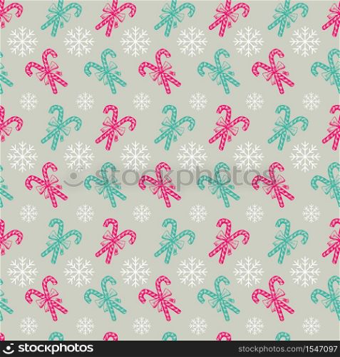Hand Drawn Xmas Sweets Seamless Pattern for Holiday Scrapbooking or Gift Wrapping Papers. Xmas Texture with Pepprmint Candy Cane Stick with Bow, Snowflakes for 2019 New year. Xmas Sweets Seamless Pattern for Holiday Scrapbooking or Gift Wrapping Papers. Xmas Texture with Pepprmint Candy Cane Stick with Bow