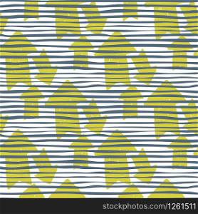 Hand drawn yellow arrow ink seamless pattern on stripes background. For book covers, wallpapers, graphic art, wrapping paper and textile design. Vector illustration. Hand drawn yellow arrow ink seamless pattern on stripes background.