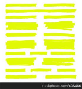 Hand drawn yellow highlight marker lines. Highlighter strokes isolated on white background vector set. Highlighter drawing design illustration. Hand drawn yellow highlight marker lines. Highlighter strokes isolated on white background vector set