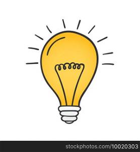 Hand drawn yellow lightbulb on white background, solution or idea concept, vector eps10 illustration. Yellow Lightbulb