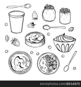 Hand-drawn yogurt set. Vector sketch  illustration.. Yogurt set. Sketch  illustration.
