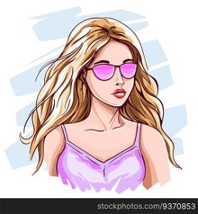Hand drawn young blonde girl. Beautiful woman in pink fashion sunglasses with long blond hair sketch. Glamour fashionable character isolated vector illustration. Hand drawn young blonde girl. Beautiful woman in pink fashion sunglasses with long blond hair sketch vector illustration