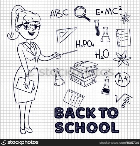 Hand drawn young female teacher and school elements. Back to school vector concept illustration. Hand drawn female teacher and school