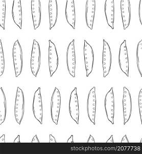 Hand drawn young pea pods on white background. Vector seamless pattern.. Hand drawn peas. Vector pattern.
