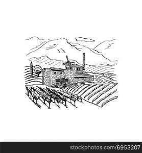 Hand drew of vineyard landscape, vintage style for the label. Rural house with the windmill and cart. The element of design. Sketch on white.