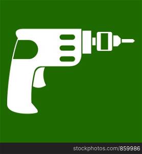 Hand drill icon white isolated on green background. Vector illustration. Hand drill icon green
