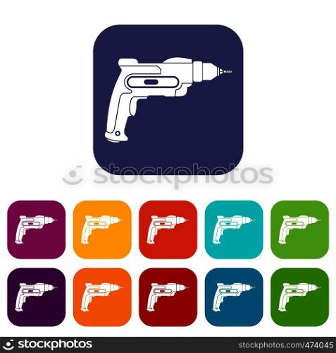 Hand drill icons set vector illustration in flat style In colors red, blue, green and other. Hand drill icons set