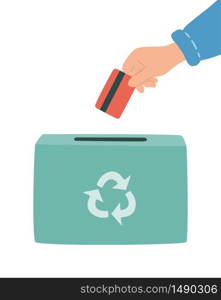 Hand drops off used plastic cards into bin for recycling. Safe disposal of gift or loyalty plastic cards. Hand drawn vector illustration on white background. Hand drops off used plastic cards into bin for recycling. Safe disposal of gift or loyalty plastic cards.