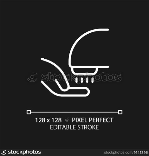 Hand dryer pixel perfect white linear icon for dark theme. Contactless technology for public toilet. Hot air in restroom. Thin line illustration. Isolated symbol for night mode. Editable stroke. Hand dryer pixel perfect white linear icon for dark theme