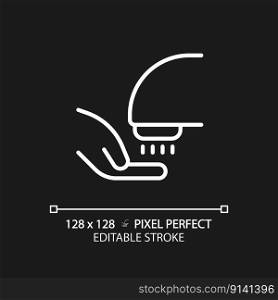Hand dryer pixel perfect white linear icon for dark theme. Contactless technology for public toilet. Hot air in restroom. Thin line illustration. Isolated symbol for night mode. Editable stroke. Hand dryer pixel perfect white linear icon for dark theme