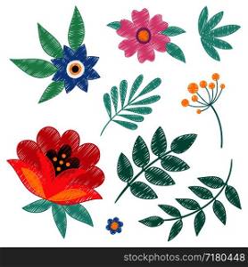 Hand embroidery ethnic floral elements isolated on white background. Vector illustration. Hand embroidery ethnic floral elements isolated on white background