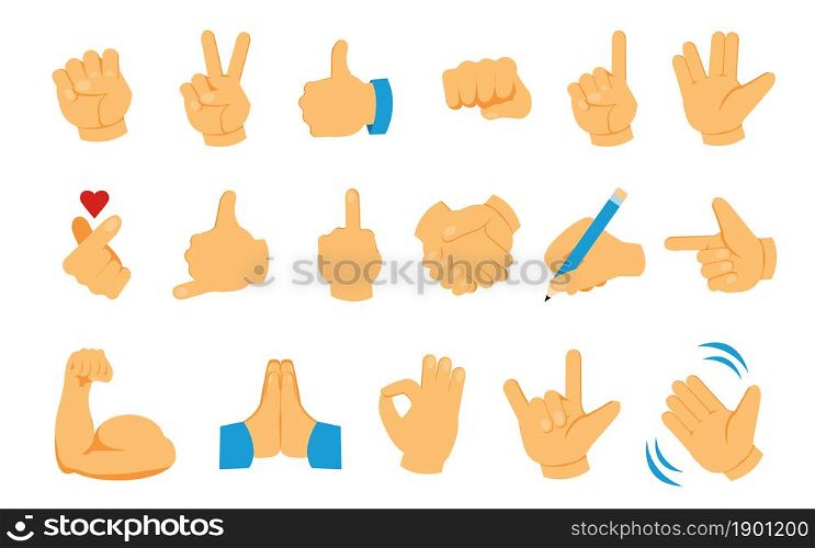 Hand emoji. Palm fist and fingers social emoticon collection. Thumb up and greeting waving arm. Victory and handshake gesture icons. Isolated human body parts. Vector online communication symbols set. Hand emoji. Palm fist and fingers social emoticon collection. Thumb up and greeting waving arm. Victory and handshake gestures. Isolated body parts. Vector online communication symbols set