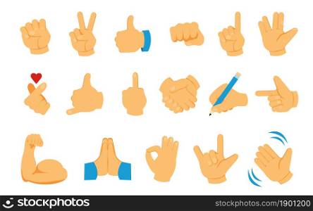 Hand emoji. Palm fist and fingers social emoticon collection. Thumb up and greeting waving arm. Victory and handshake gesture icons. Isolated human body parts. Vector online communication symbols set. Hand emoji. Palm fist and fingers social emoticon collection. Thumb up and greeting waving arm. Victory and handshake gestures. Isolated body parts. Vector online communication symbols set
