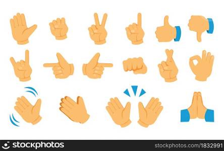 Hand emoticon. Social media gesture icons. Thumb up and waving arms. Fist victory signs. Open palm and pointing finger emoji collection. Vector isolated network communication graphic body symbols set. Hand emoticon. Social media gesture icons. Thumb up and waving arms. Fist victory signs. Open palm and pointing finger emoji collection. Vector network communication graphic symbols set