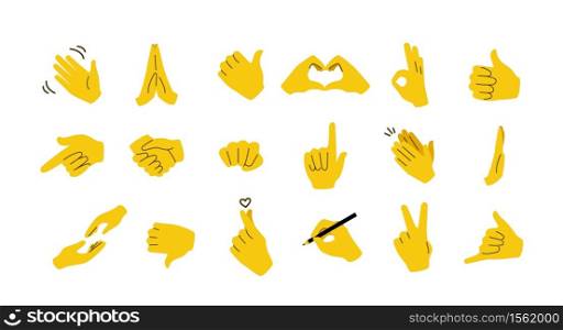 Hand emoticons. Yellow arms and fists with gestures of open palm, prey, like or dislike, victory and muscle. Vector image flat waving and raised hands set. Hand emoticons. Yellow arms and fists with gestures of open palm, prey, like or dislike, victory and muscle. Vector waving and raised hands set