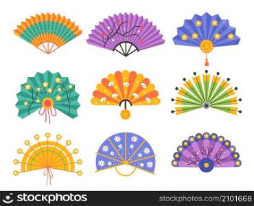Hand fan. Decorative traditional paper fan, folding chinese attribute, elegant craft oriental souvenir, vintage personal item, women tool, fashion japanese accessory vector cartoon flat isolated set. Hand fan. Decorative traditional paper fan, folding chinese attribute, elegant craft oriental souvenir, vintage personal item, fashion japanese accessory vector cartoon flat isolated set