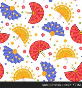 Hand fans seamless pattern. Japanese folding geisha accessories, different designs, cultural asian elements, vintage tool isolated on white background. Decor textile, wrapping paper, vector print. Hand fans seamless pattern. Japanese folding geisha accessories, different designs, cultural asian elements, vintage tool isolated on white background. Decor textile, vector print
