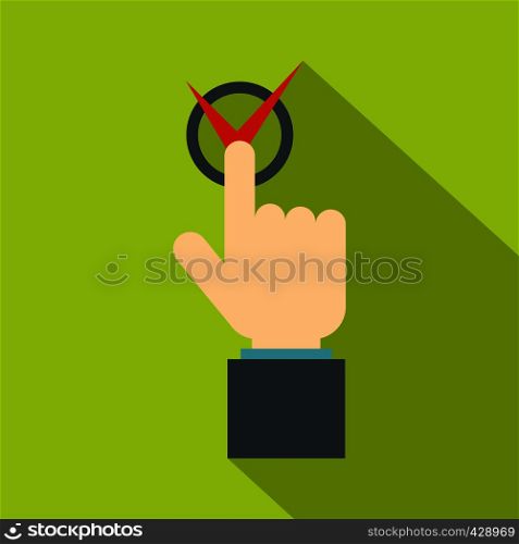 Hand finger pressing button with red tick icon. Flat illustration of hand finger pressing button with red tick vector icon for web isolated on lime background. Hand finger pressing button with red tick icon