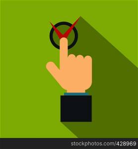 Hand finger pressing button with red tick icon. Flat illustration of hand finger pressing button with red tick vector icon for web isolated on lime background. Hand finger pressing button with red tick icon