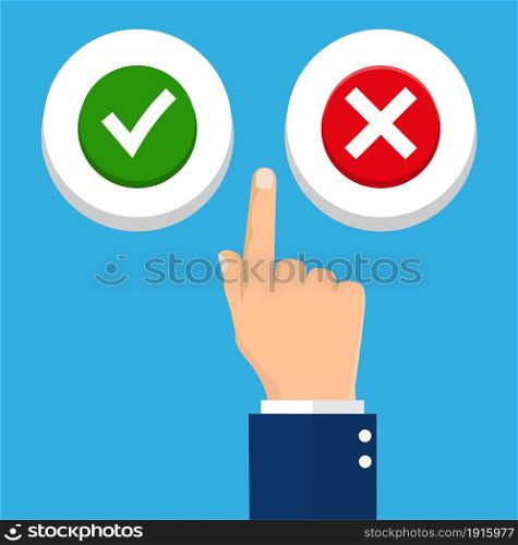 Hand, finger pressing buttons no or yes. The concept of choice, the right choice and a wrong decision. Vector illustration in flat style. Hand, finger pressing buttons no or yes