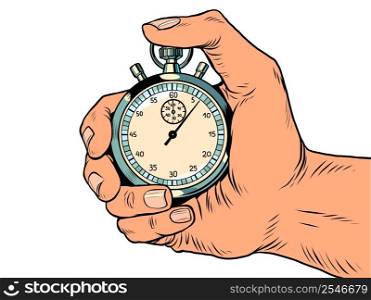 hand finger sports stopwatch, speed meter. Time clock arrows are an accurate instrument. Run Pop art retro vector illustration comic caricature 50s 60s style vintage kitsch. hand finger sports stopwatch, speed meter. Time clock arrows are an accurate instrument. Run