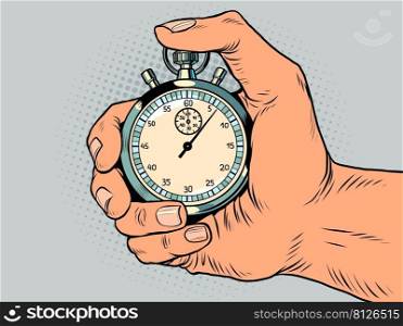 hand finger sports stopwatch, speed meter. Time clock arrows are an accurate instrument. Run Pop art retro vector illustration comic caricature 50s 60s style vintage kitsch. hand finger sports stopwatch, speed meter. Time clock arrows are an accurate instrument. Run