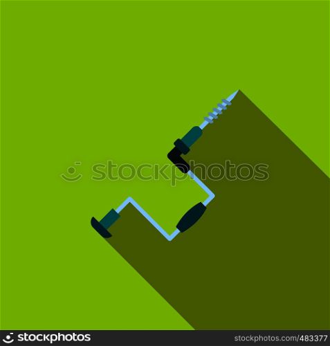 Hand fishing ice drill flat icon on a green background. Hand fishing ice drill flat icon