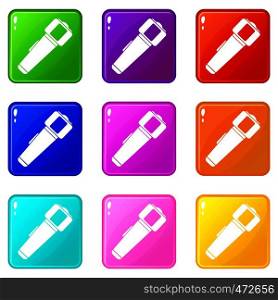 Hand flashlight icons of 9 color set isolated vector illustration. Hand flashlight icons 9 set