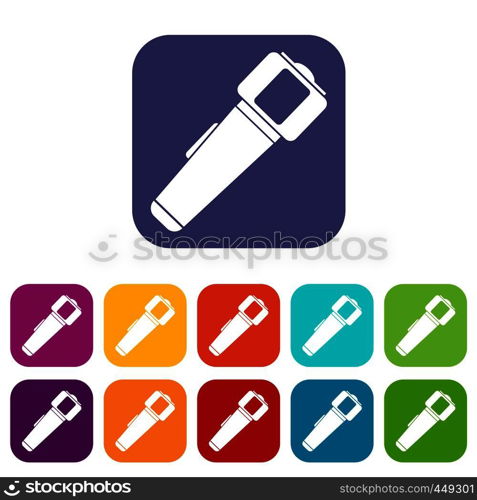 Hand flashlight icons set vector illustration in flat style In colors red, blue, green and other. Hand flashlight icons set flat