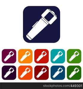 Hand flashlight icons set vector illustration in flat style In colors red, blue, green and other. Hand flashlight icons set flat