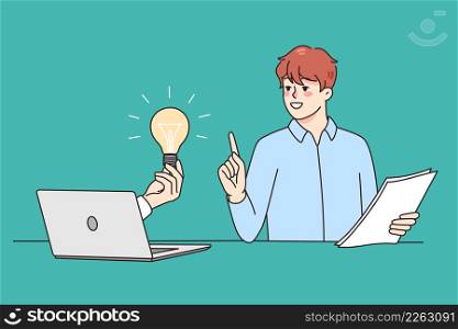 Hand from computer hold lightbulb offer innovative business idea to excited businessman. Young male employee get help from laptop. Innovation and creative thinking. Vector illustration.. Hand from computer offer lightbulb to businessman