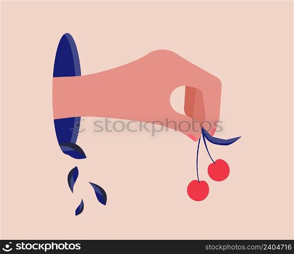 Hand from hole hold cherry. Contemporary abstract concept. Modern art, red arm with berry and falling leaves vector illustration. Sweet cherry fruit in hole, yummy dessert food. Hand from hole hold cherry. Contemporary abstract concept. Modern art, red arm with berry and falling leaves vector illustration
