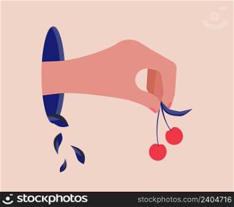 Hand from hole hold cherry. Contemporary abstract concept. Modern art, red arm with berry and falling leaves vector illustration. Sweet cherry fruit in hole, yummy dessert food. Hand from hole hold cherry. Contemporary abstract concept. Modern art, red arm with berry and falling leaves vector illustration
