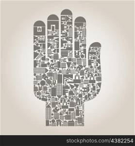 Hand from houses and buildings. A vector illustration