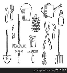 Hand gardening tools sketched icons with trowel, knife, fork, shears, rake, scissors, spray bottle, weeding hoe, sickle and watering can. Sketch style objects. Gadening tools sketched icons set