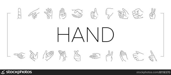 Hand Gesture And Gesticulate Icons Set Vector. Attention And Pointer Hand Gesture, Thumb Up And Down, Touch With Finger And Handshake, Gesturing Love And Peace Black Contour Illustrations. Hand Gesture And Gesticulate Icons Set Vector