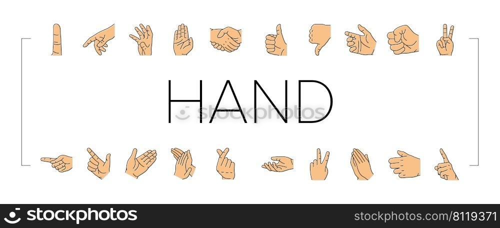 Hand Gesture And Gesticulate Icons Set Vector. Attention And Pointer Hand Gesture, Thumb Up And Down, Touch With Finger And Handshake, Gesturing Love And Peace Line. Color Illustrations. Hand Gesture And Gesticulate Icons Set Vector