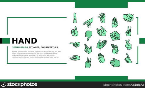 Hand Gesture And Gesticulate Landing Web Page Header Banner Template Vector. Attention And Pointer Hand Gesture, Thumb Up And Down, Touch With Finger Handshake, Gesturing Love And Peace. Illustration. Hand Gesture And Gesticulate Landing Header Vector