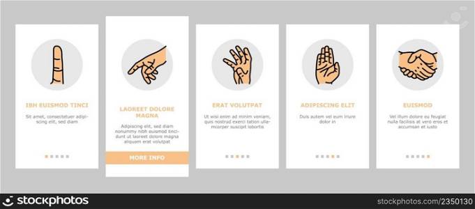 Hand Gesture And Gesticulate Onboarding Mobile App Page Screen Vector. Attention And Pointer Hand Gesture, Thumb Up And Down, Touch With Finger Handshake, Gesturing Love Peace Line. Illustrations. Hand Gesture And Gesticulate Onboarding Icons Set Vector