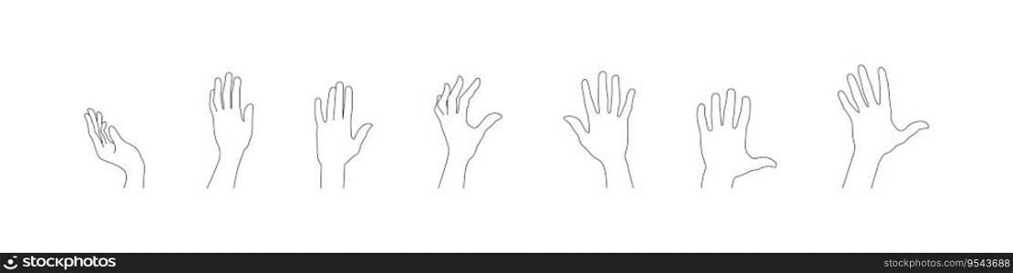Hand gesture black outline vector isolated set. Raised hands different gestures. Human palm flat pose collection. 