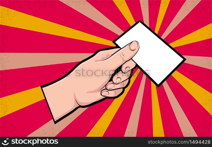 Hand gesture comic book pop art isolated. Hand hold and show business card. Sketch cartoon retro show card arm. Commercial empty business card gesture vector illustration.. Hand gesture comic book pop art isolated