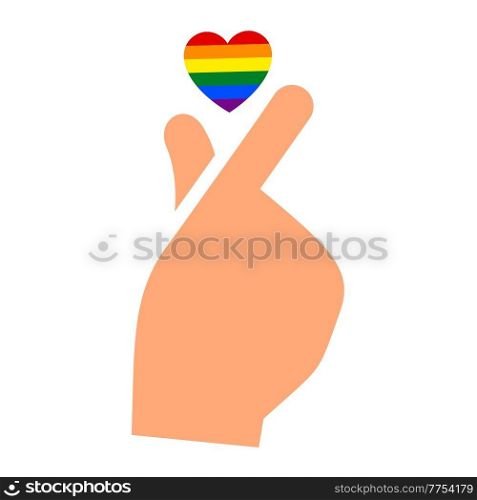 Hand gesture korean heart sign with flag of pride lgbt, drawn fingers hold symbol lgbtq