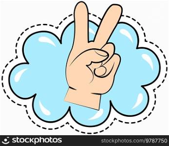 Hand gesture like letter V, symbolizing Peace. Friendly gesture in form of two fingers raised up shows number two on fingers. Victory hand with index and middle fingers up isolated vector on white. Hand gesture like letter V symbolizing Peace. Gesture in form of two fingers raised up. Victory hand