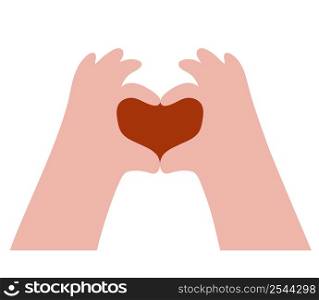Hand gesture making heart symbol. Inside is red heart. Vector illustration. People body language concept for design and decor, declaration of love, greeting cards And valentines