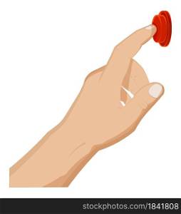 hand gesture, man presses the button with his index finger. Doorbell rings, starts or stops an important action. Cartoon vector on white background