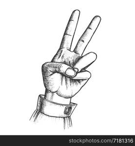 Hand Gesture Peace Symbol Two Finger Up Ink Vector. Woman Arm Gesture Showing Scissors Or Freedom Sign. Female Wrist Gesturing Cheer Signal Black And White Hand Drawn Retro Style Closeup Illustration. Hand Gesture Peace Symbol Two Finger Up Ink Vector