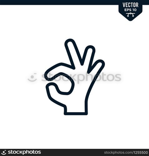 Hand gesture represent agree, okay or OK icon collection in outlined or line art style